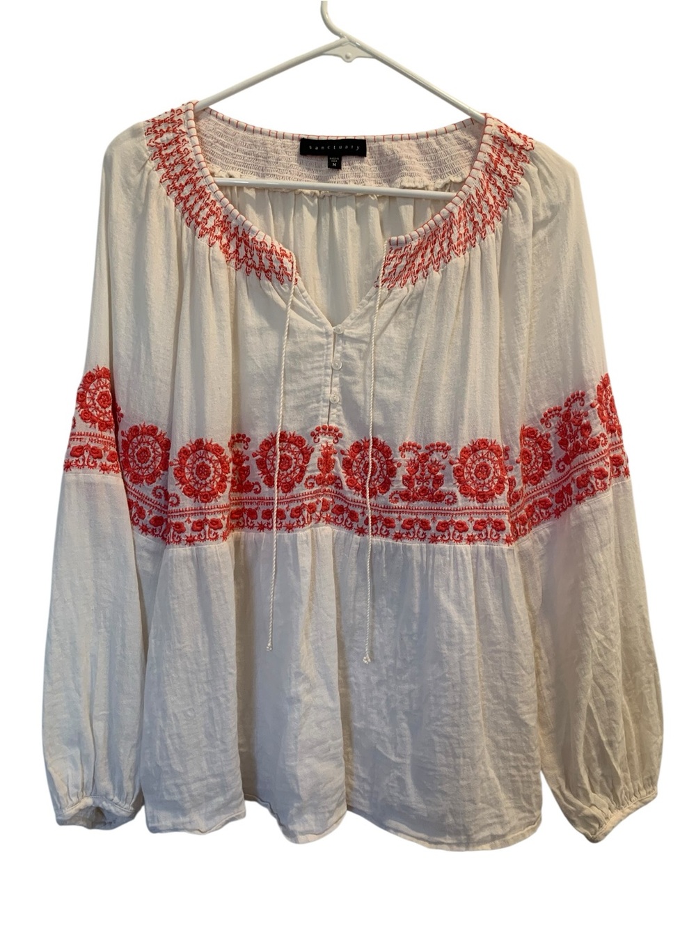 Sanctuary Boho Blouse White Long Sleeve with Embroidery Medium